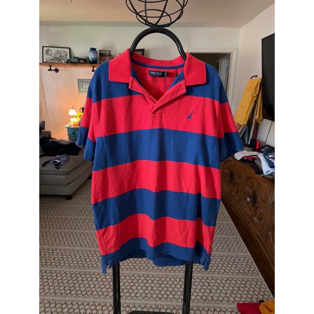 Nautica Mens Large Red Blue Striped Short Sleeve Pique Polo Shirt Logo L